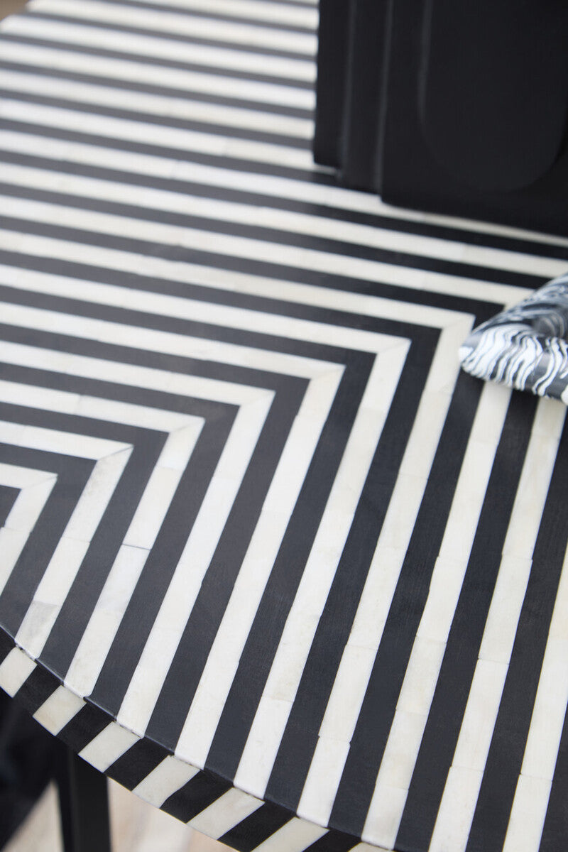 Black and White Top Bone Inlay Coffee Table with Black Metal Legs, Boho
