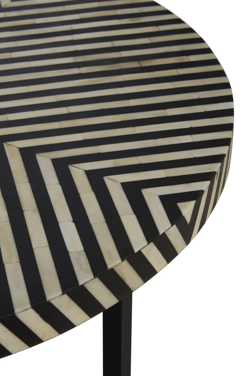 Black and White Top Bone Inlay Coffee Table with Black Metal Legs, Boho