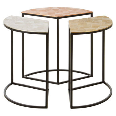 Set of 3 Assorted Etched Geometric Details Round Top Side Tables with Black Metallic Base, Mirano