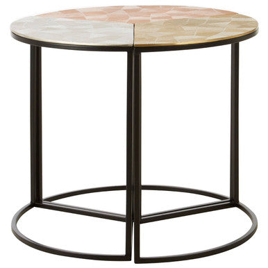 Set of 3 Assorted Etched Geometric Details Round Top Side Tables with Black Metallic Base, Mirano