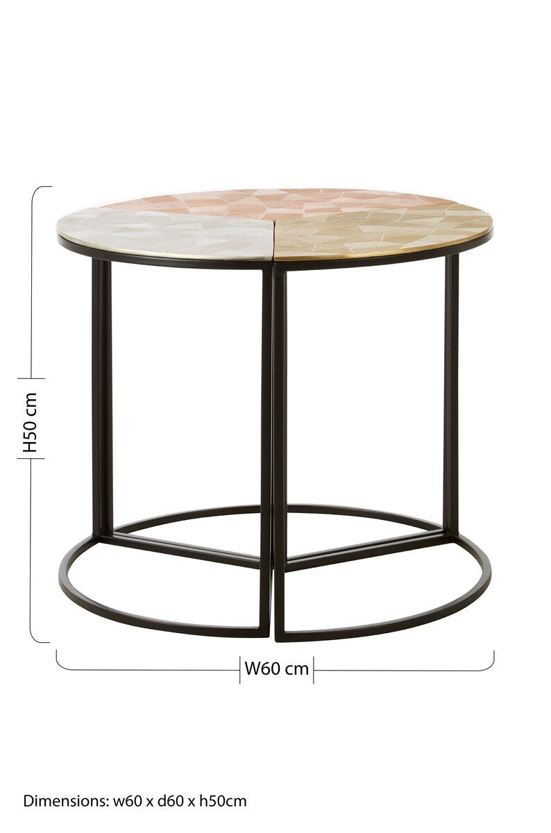 Set of 3 Assorted Etched Geometric Details Round Top Side Tables with Black Metallic Base, Mirano