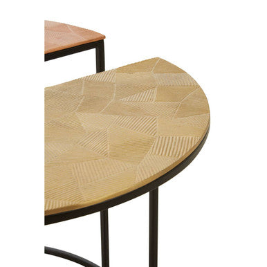 Set of 3 Assorted Etched Geometric Details Round Top Side Tables with Black Metallic Base, Mirano