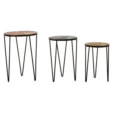 Set of 3 Assorted Textured Round Top Side Tables with Black Metallic Hairpin Legs, Mirano