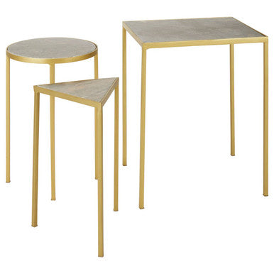 Grey Marble Top and Antique Brass Finish Set of 3 Nesting Tables, Rabia