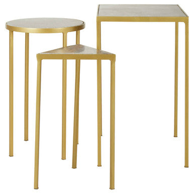 Grey Marble Top and Antique Brass Finish Set of 3 Nesting Tables, Rabia