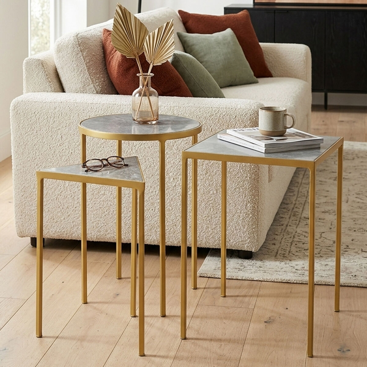 Rabia Grey Marble and Antique Brass Finish Set of 3 Nesting Tables