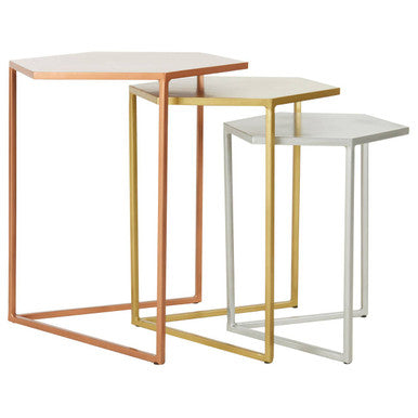 Nest of 3 Assorted Hexagonal Nesting Table with Metallic Tops, Rabia