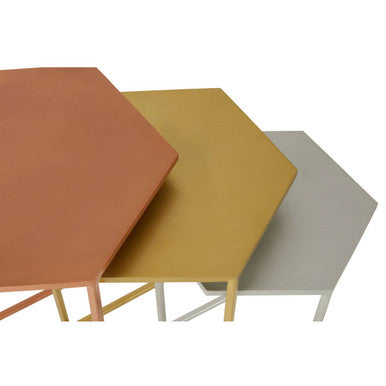 Nest of 3 Assorted Hexagonal Nesting Table with Metallic Tops, Rabia