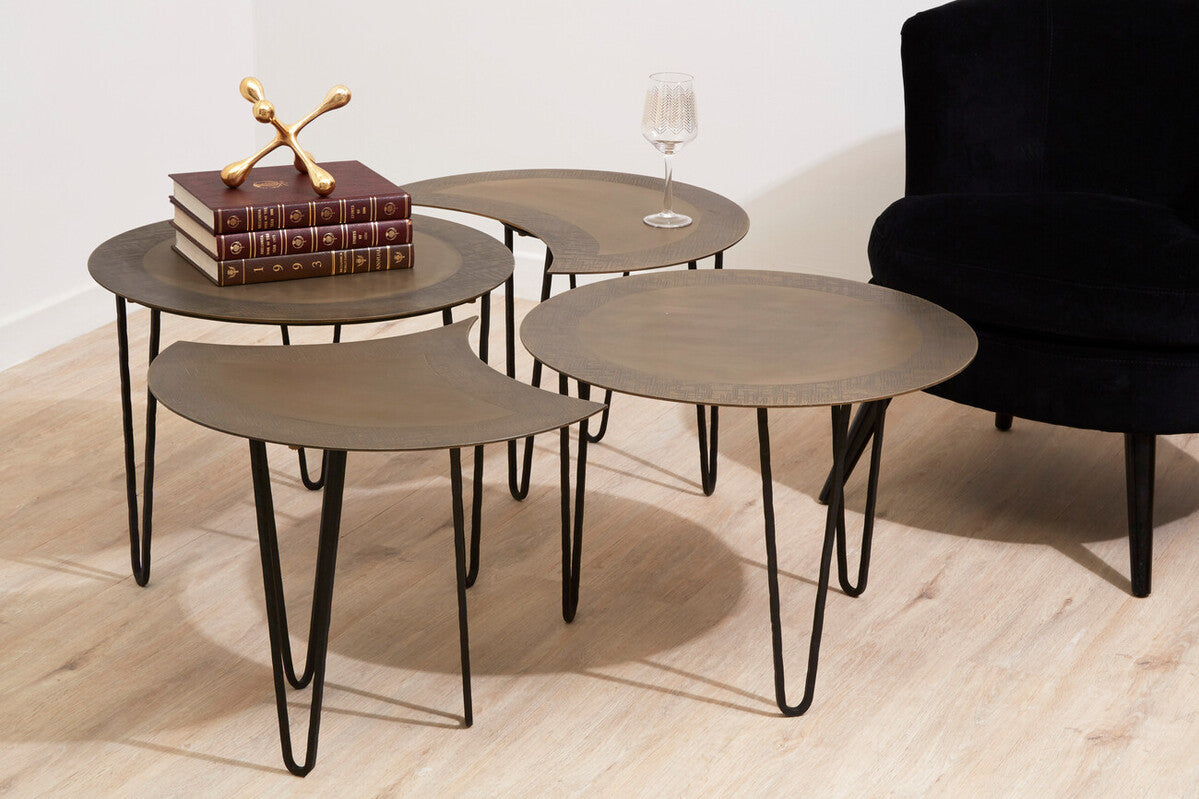 Set of 4 Black and Gold Top Coffee Tables with Iron Hairpin Legs, Rany