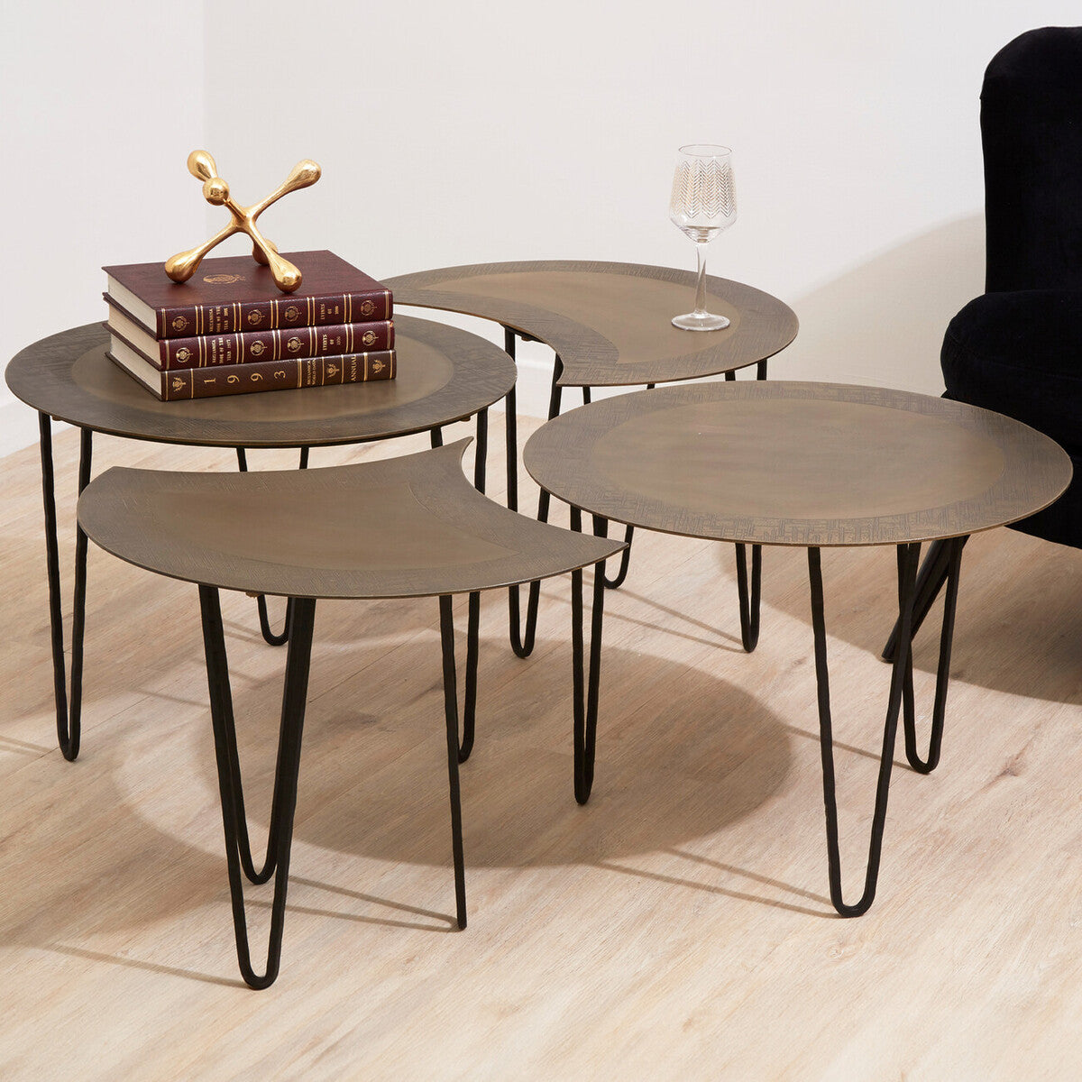 Set of 4 Black and Gold Top Coffee Tables with Iron Hairpin Legs, Rany