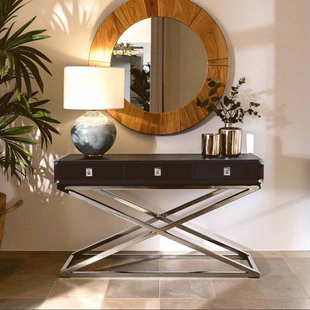Black Hair-On-Leather Wood Top and Silver-Finished Frame Console Table with 3 Drawers, Kensington Townhouse
