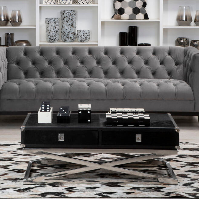 Black Hair-On-Hide Wood Top and Silver-Finished Frame Console Table with 2 Drawers, Kensington Townhouse