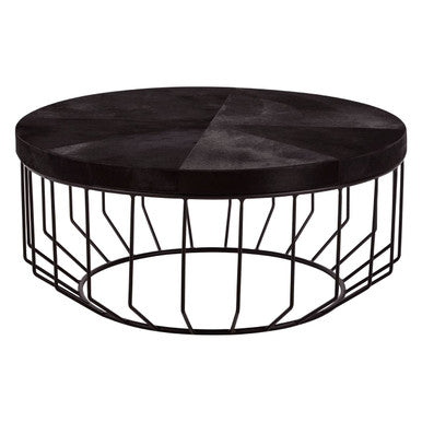 Black and Silver Hair-On-Hide Top Round Coffee Table with Black Frame | Kensington Townhouse