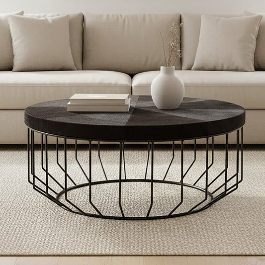 Black and Silver Hair-On-Hide Top Round Coffee Table with Black Frame | Kensington Townhouse