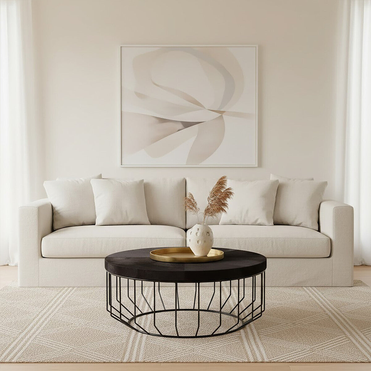 Black and Silver Hair-On-Hide Top Round Coffee Table with Black Frame, Kensington Townhouse
