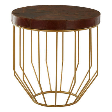 Tan Leather Segmented Top Side Table with Gold Metallic Iron Base, Kensington Townhouse
