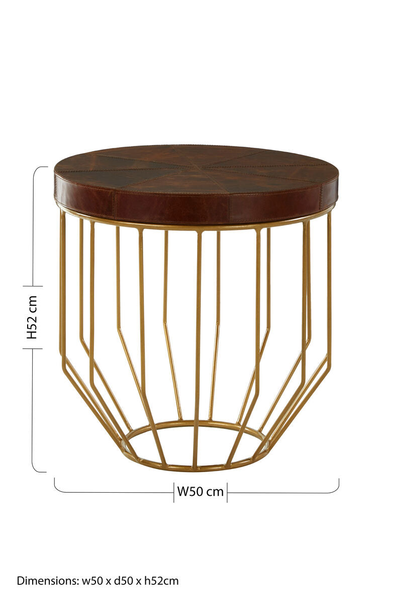 Tan Leather Segmented Top Side Table with Gold Metallic Iron Base, Kensington Townhouse