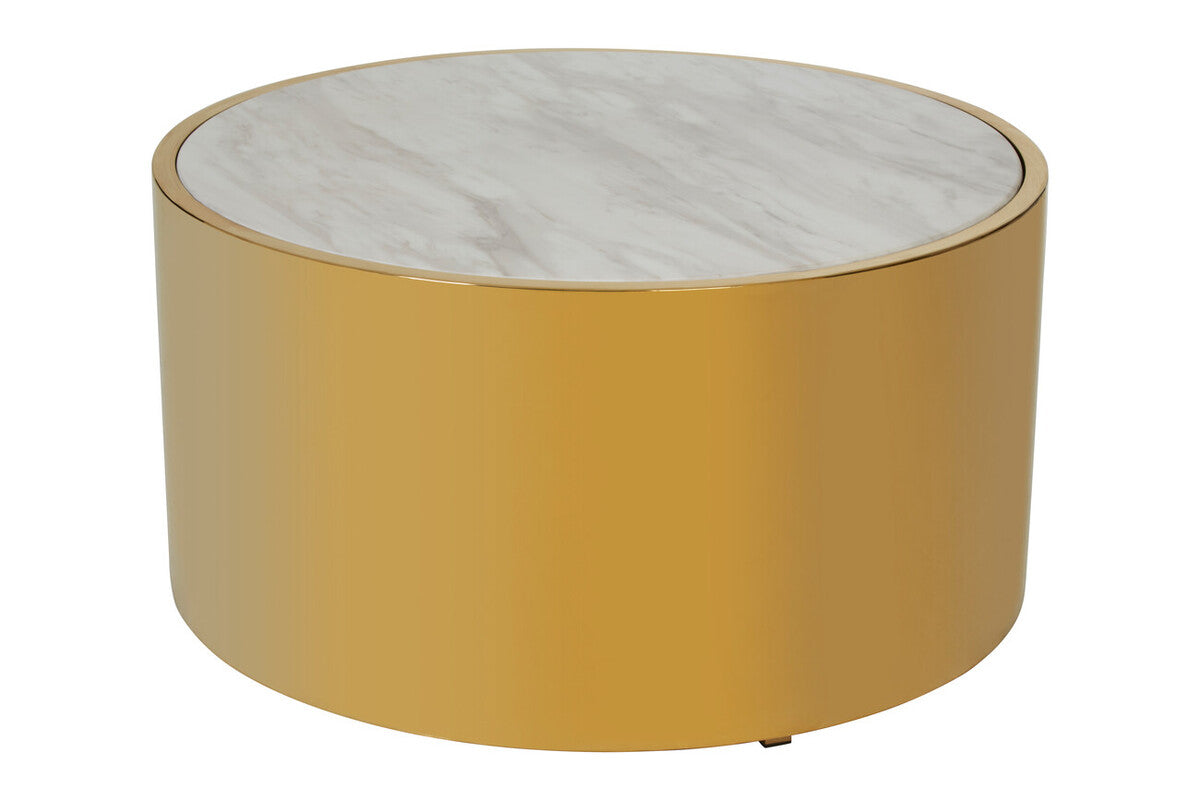 White Marble Effect Top Round Coffee Table with Gold Steel Frame, Carlox