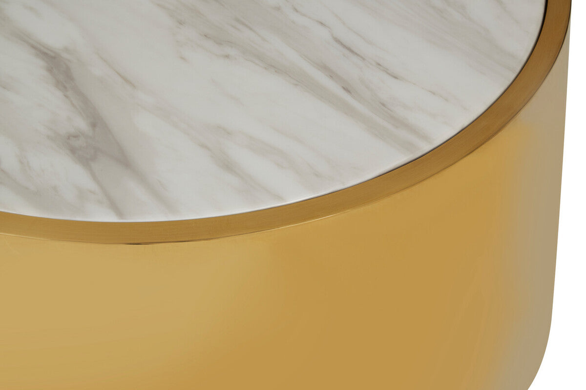 White Marble Effect Top Round Coffee Table with Gold Steel Frame, Carlox