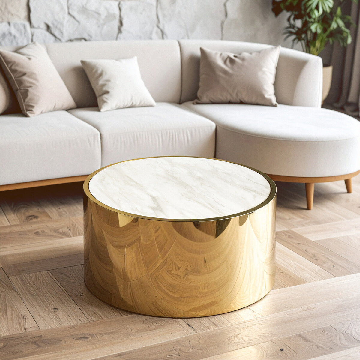 White Marble Effect Top Round Coffee Table with Gold Steel Frame, Carlox