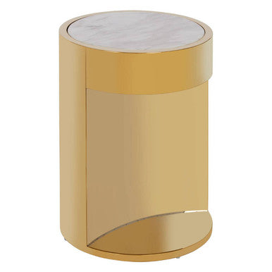 White Marble Effect Round Side Table with Gold Finish Metallic Base, Carlox