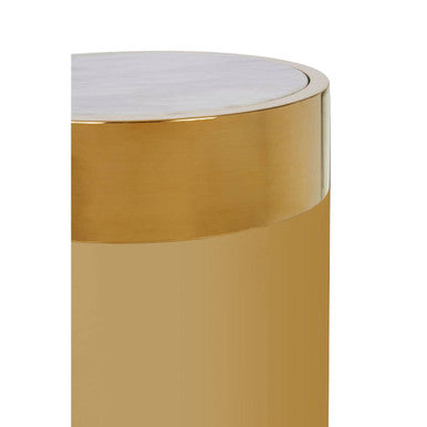 White Marble Effect Round Side Table with Gold Finish Metallic Base, Carlox