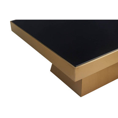 Black Tempered Glass Coffee Table with Gold Square Finish Stainless Steel Base, Carlox