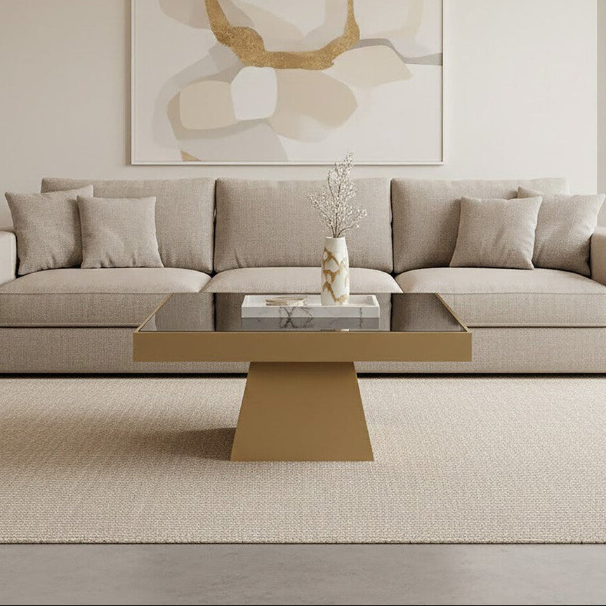 Black Tempered Glass Coffee Table with Gold Square Finish Stainless Steel Base, Carlox