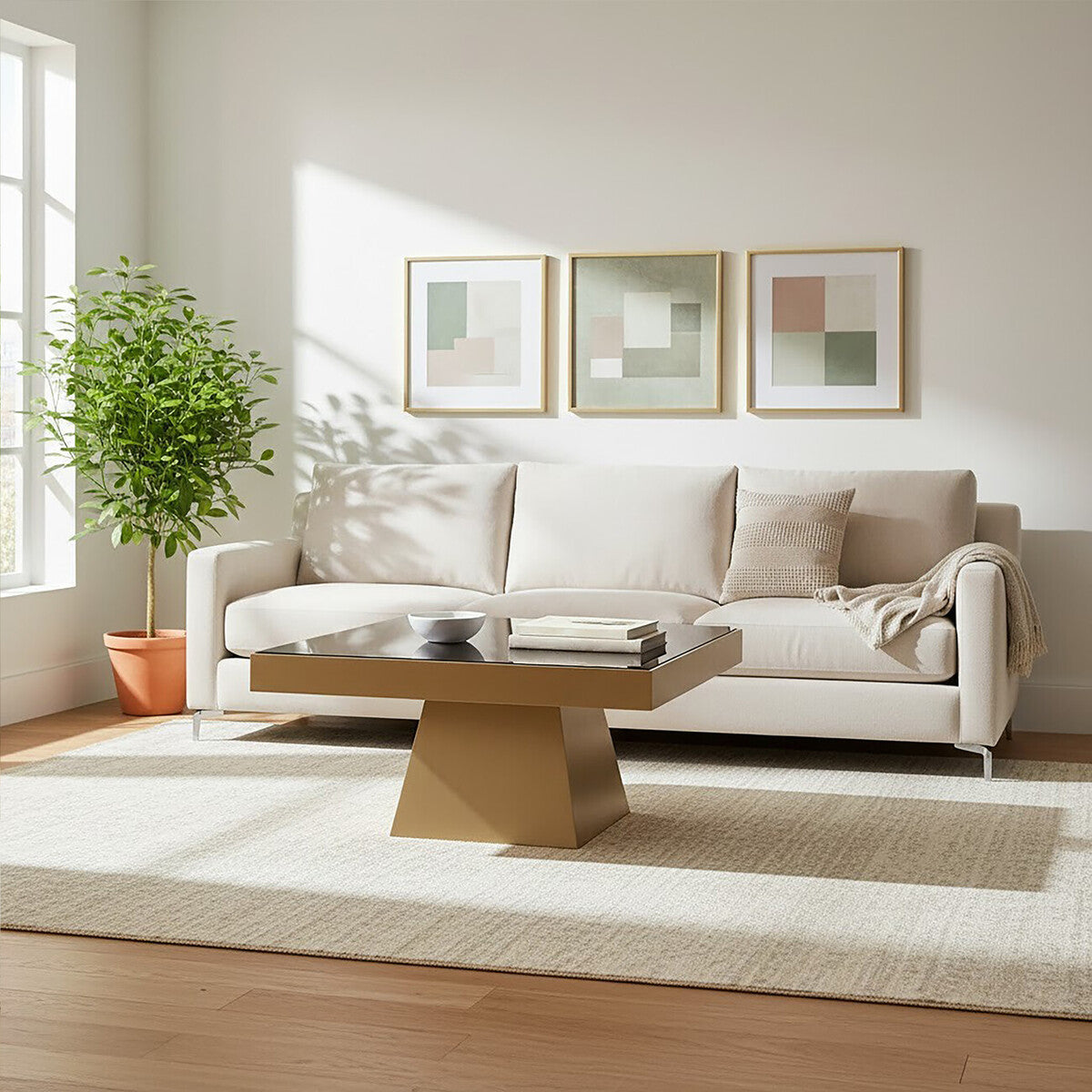 Black Tempered Glass Coffee Table with Gold Square Finish Stainless Steel Base, Carlox