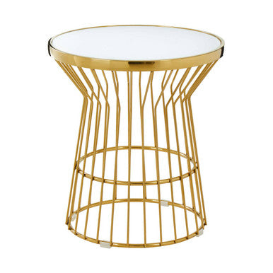 Gold Finish Corset Base Side Table with White Glass Top, Tula
