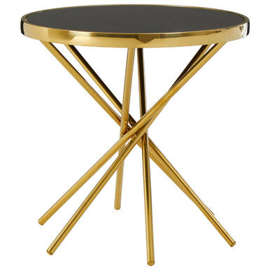 Black Tempered Glass Top Round Side Table with Gold Abstract Metal Base, Tula