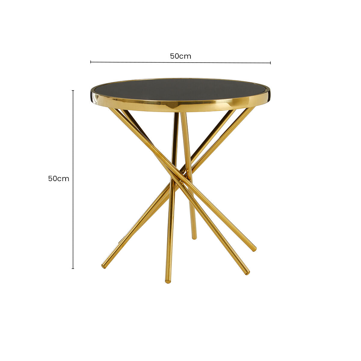Black Tempered Glass Top Round Side Table with Gold Abstract Metal Base, Tula