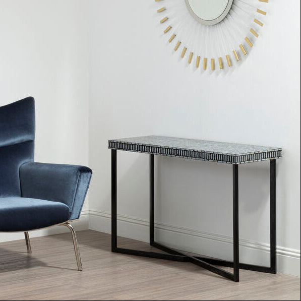 Black Shell Tiles Inlay Top Console Table with Black Metal Base, Bria