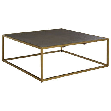 Dark Brown Shagreen Top Coffee Table with Deep Gold Finish Iron Frame, Kempton