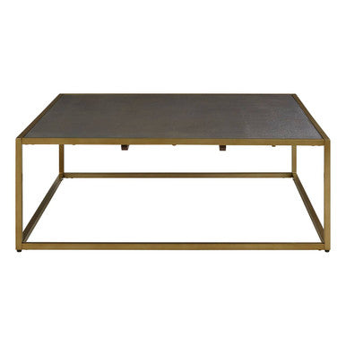 Dark Brown Shagreen Top Coffee Table with Deep Gold Finish Iron Frame, Kempton