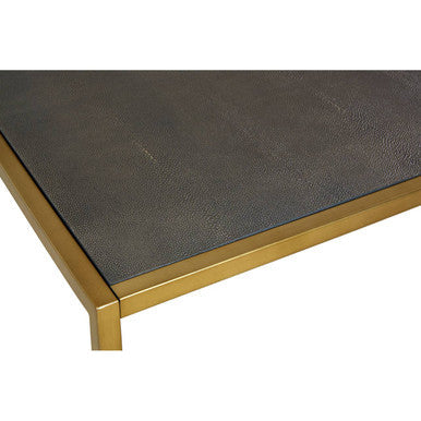 Dark Brown Shagreen Top Coffee Table with Deep Gold Finish Iron Frame, Kempton