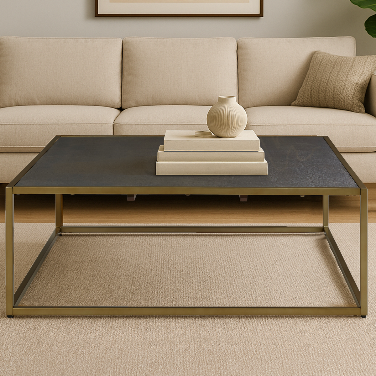 Dark Brown Shagreen Top Coffee Table with Deep Gold Finish Iron Frame, Kempton