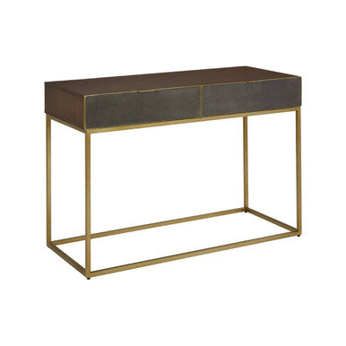 Dark Brown Shagreen Top Console Table with Two Storage Drawers and Gold Finish Iron Frame, Kempton