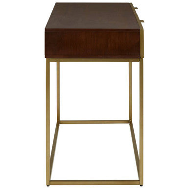 Dark Brown Shagreen Top Console Table with Two Storage Drawers and Gold Finish Iron Frame, Kempton