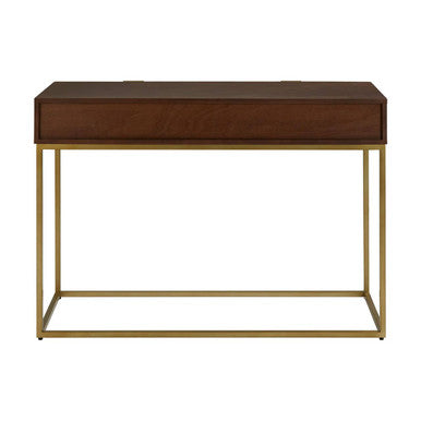 Dark Brown Shagreen Top Console Table with Two Storage Drawers and Gold Finish Iron Frame, Kempton