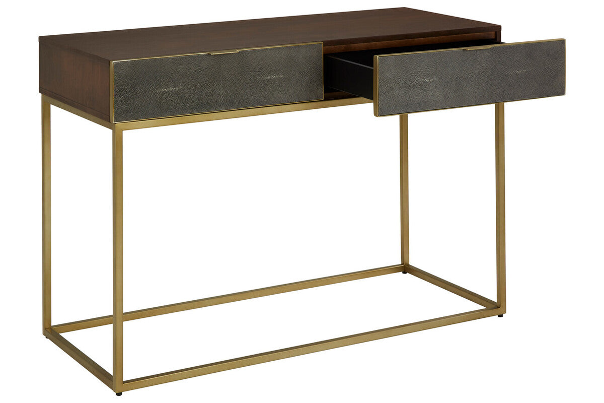 Dark Brown Shagreen Top Console Table with Two Storage Drawers and Gold Finish Iron Frame, Kempton