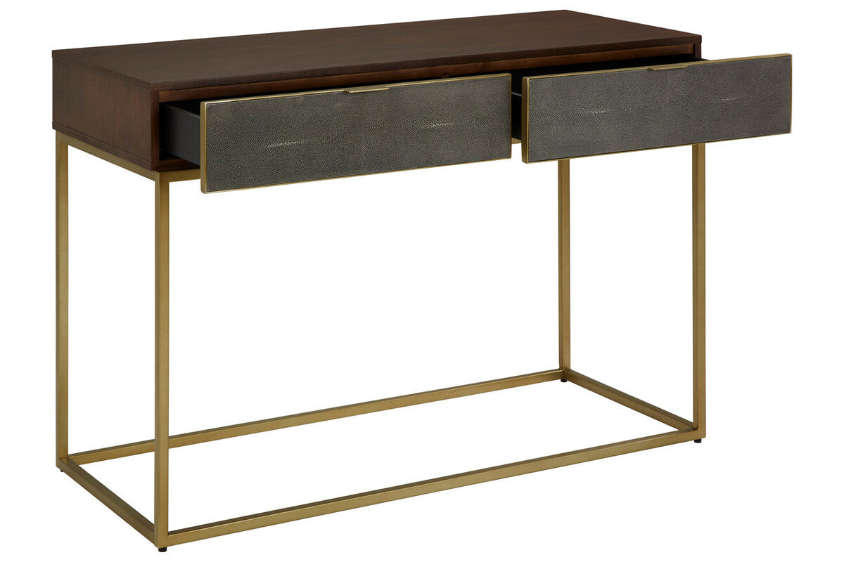 Dark Brown Shagreen Top Console Table with Two Storage Drawers and Gold Finish Iron Frame, Kempton