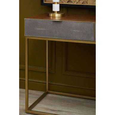 Dark Brown Shagreen Top Console Table with Two Storage Drawers and Gold Finish Iron Frame, Kempton