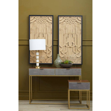 Dark Brown Shagreen Top Console Table with Two Storage Drawers and Gold Finish Iron Frame, Kempton