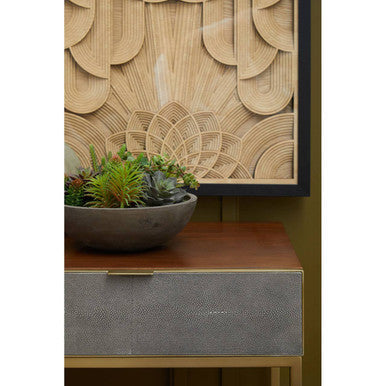Dark Brown Shagreen Top Console Table with Two Storage Drawers and Gold Finish Iron Frame, Kempton