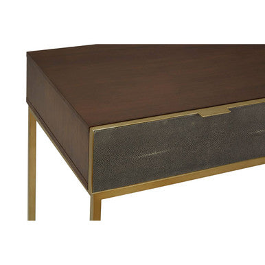 Dark Brown Shagreen Top Console Table with Two Storage Drawers and Gold Finish Iron Frame, Kempton