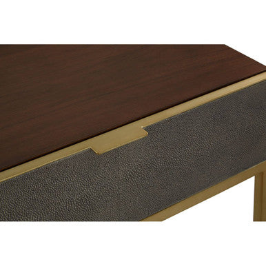 Dark Brown Shagreen Top Console Table with Two Storage Drawers and Gold Finish Iron Frame, Kempton