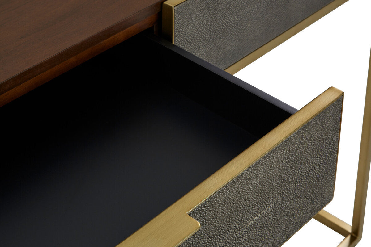 Dark Brown Shagreen Top Console Table with Two Storage Drawers and Gold Finish Iron Frame, Kempton