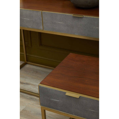 Dark Brown Shagreen Top Console Table with One Storage Drawers and Gold Finish Iron Frame, Kempton
