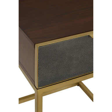 Dark Brown Shagreen Top Console Table with One Storage Drawers and Gold Finish Iron Frame, Kempton